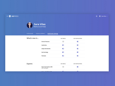 Profile & Settings blue complex desktop emails gradient healthcare healthtech notifications preferences profile profile page settings simple user management