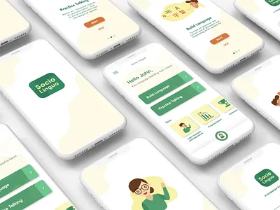 Socio Lingua - A language learning tool app art children clean design flat illustration inclusive language learning minimal mobile mobile app social tool ui ux vector