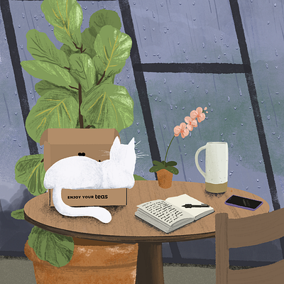 Rainy Day Tea Box cat fiddle leaf fig illustration orchid procreate rainy rainy day