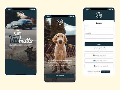 'Ultimutts' dog walking app - dribbble product design course. branding ui ux