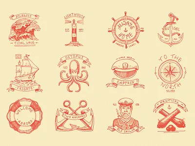 Marine badges. Sea and Nautical theme. american anchor badge branding captain engraved engraving friendship frigate hand drawn illustration lighthouse marine nautical sailor sails sea vector vintage wave
