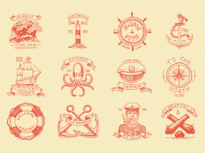 Marine badges. Sea and Nautical theme. american anchor badge branding captain engraved engraving friendship frigate hand drawn illustration lighthouse marine nautical sailor sails sea vector vintage wave