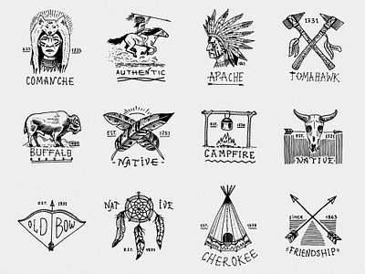 Native Americans badges. american apache badge bow buffalo campfire cherokee design feather hand drawn illustration native tomahawk vintage