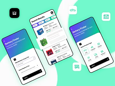 Smart Search Flow for Battery Duk app design battery cards ui minimal search smart teal ui ux