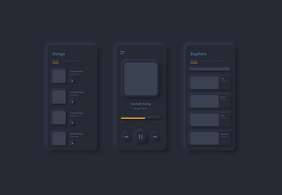 Music App UI (Dark Mode) app clean dark dark mode dark ui design graphic design miniamlism minimal music app music app ui neumorphic neumorphism product design simple ui ui design uiux ux ux design