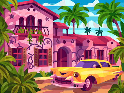 Pink houses art cartoon design digital draw graphic illustration landscape palms retro vector