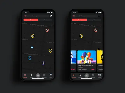 Location Based Shopping App | Dark Mode 🌘 cards ui dark mode ecommerce app listing location map map pin mobile app night mode shopping shopping app