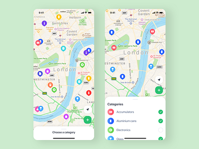 Recycling app app category eco garbage interface list maps mobile navigation recycle recycling route sorting ui ux waste