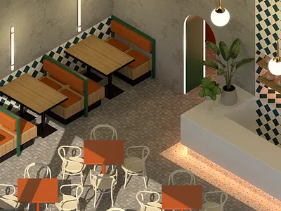 Isometric Cafe 3d cafe cgi counter design dining interior design interiors isometric restaurant tiles