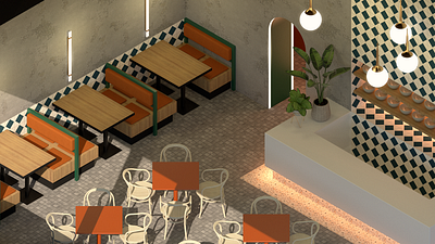 Isometric Cafe 3d cafe cgi counter design dining interior design interiors isometric restaurant tiles