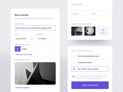 Event Creation Forms app components create events mobile price responsive ui upload ux