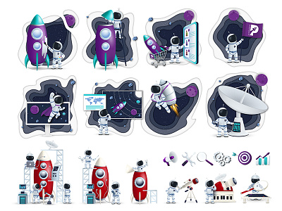 Astronaut character design in variuos situations astronaut branding character character design design digital elements graphic design hero image illustration mascot mascot design space ui vector web elements webdesign