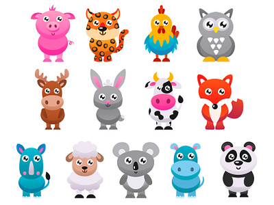 Cute animals set. Part 1 adobe illustrator animal animal illustration app cute design fox graphic illustration kids kids illustration pig rabbit rhino rooster sheep vector vector art