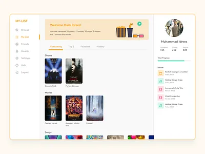 My List dashboard design films illustration media minimal movies music song tv shows ui ux vector web