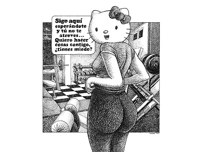 Fitness Hello Kitty blanckandwhite character art characterdesign comicart draw emiliano raspante fitness gym hello kitty illustration illustration art ink wash pen art