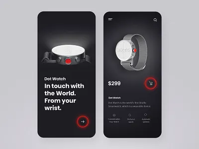Dot Smartwatch Online App Concept app design app ui ux best app design black white black app cart app clean app cool app dark app design ecommerce app minimalistic price app red and black simple app simple typography app smart app uiux watch app watch online store app