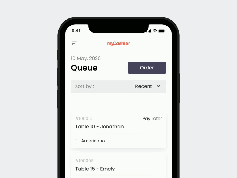 Cashier App app bill card cash cashier clean coffee drink food food app ios management minimal mobile order point of sale queue restaurant status ui