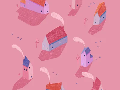 Pink town art birds color cover drawing house illustration map pink procreate stay home town