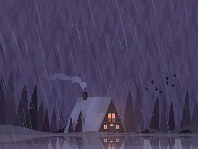 Rainy Mood board game forest house illustration lake landscape mountain orange purple rain rainy sleepy tea warm