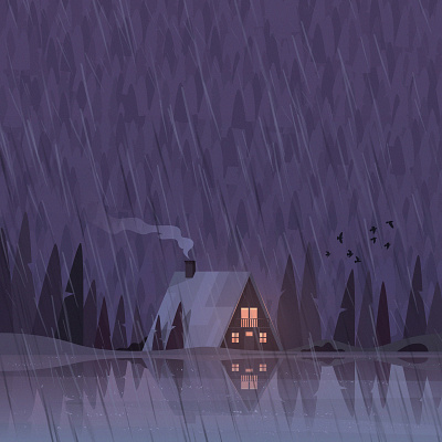 Rainy Mood board game forest house illustration lake landscape mountain orange purple rain rainy sleepy tea warm