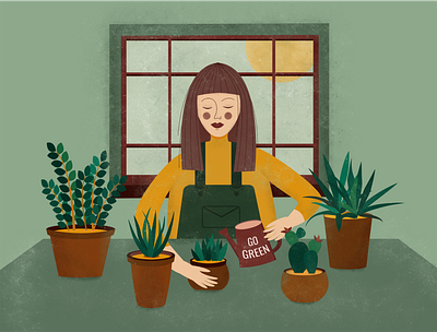 Girl with plants. flat flower illustration flowers girl go green home illustration illustration design illustrations illustrator plant vector vector art