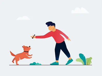 PLAYING WITH DOG boy boy illustration character design dog dog illustration dog jumping dogs garden illustration leafs man minimal play boy playing playing with dog sky