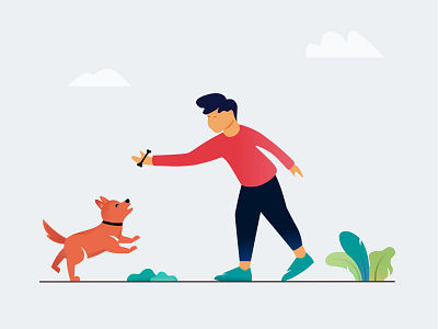 PLAYING WITH DOG boy boy illustration character design dog dog illustration dog jumping dogs garden illustration leafs man minimal play boy playing playing with dog sky