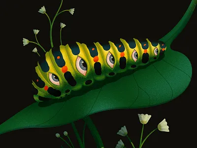 Caterpillar adobe animal close up creepy dissolve eyes floral illustration surreal texture vector weird