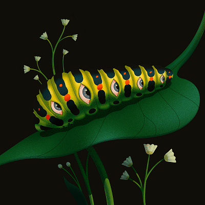 Caterpillar adobe animal close up creepy dissolve eyes floral illustration surreal texture vector weird