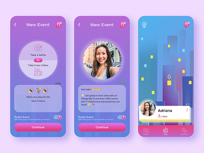 🏙 Clabl app - New Event Creation 🥂 abstract app appdesign city createevent datingapp design events eventsapp gradient mobileapp newevent nightcity party partyevent purple selfie ui uiux ux