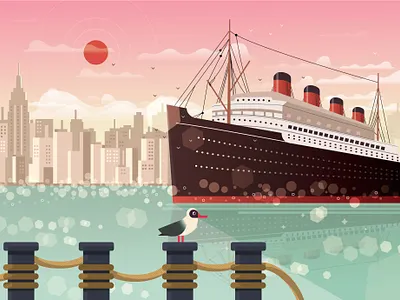Titanic arriving New York - Titanic llegando a Nueva York adobe aftereffects animación animation bird city design flat illustration illustrator landscape newyork port ship sun titanic water