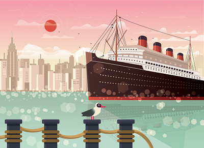 Titanic arriving New York - Titanic llegando a Nueva York adobe aftereffects animación animation bird city design flat illustration illustrator landscape newyork port ship sun titanic water