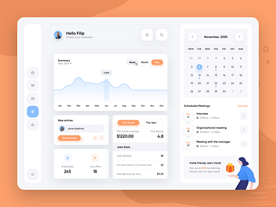 Job Dashboard Manager app application calendar chart clean colors dashboard design desktop icons illustration jobs menu minimal mobile money profile round shadow ux