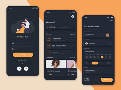 Barber Mobile App adobe xd app barber branding icon illustration logo design mobile ui typography vector