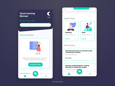 Health App Homescreen - Night Theme app design flat health health app healthcare home homescreen illustration medical app medical care minimal theme ui ux