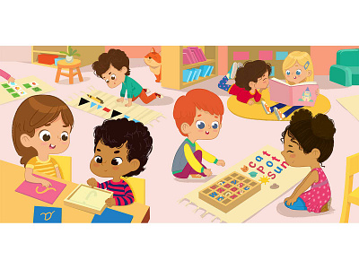 Literature area in Montessori Class cartoon character children classroom foxyimage games illustration kids kindergarten montessori school