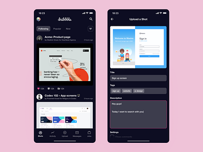 Dribbble - Dark theme - 8/10 app app concept app design daily 100 challenge dailyui dark app dark theme dark ui dribbble figma figmadesign ios ui uidesign user experience user inteface