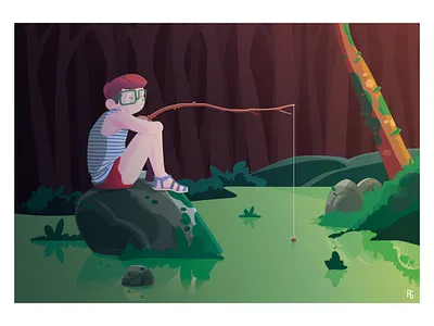 CHILDHOOD - FISHING cartoon character characterdesign childhood children comics cute dream fishing happyness illustration kid lake serenity wood