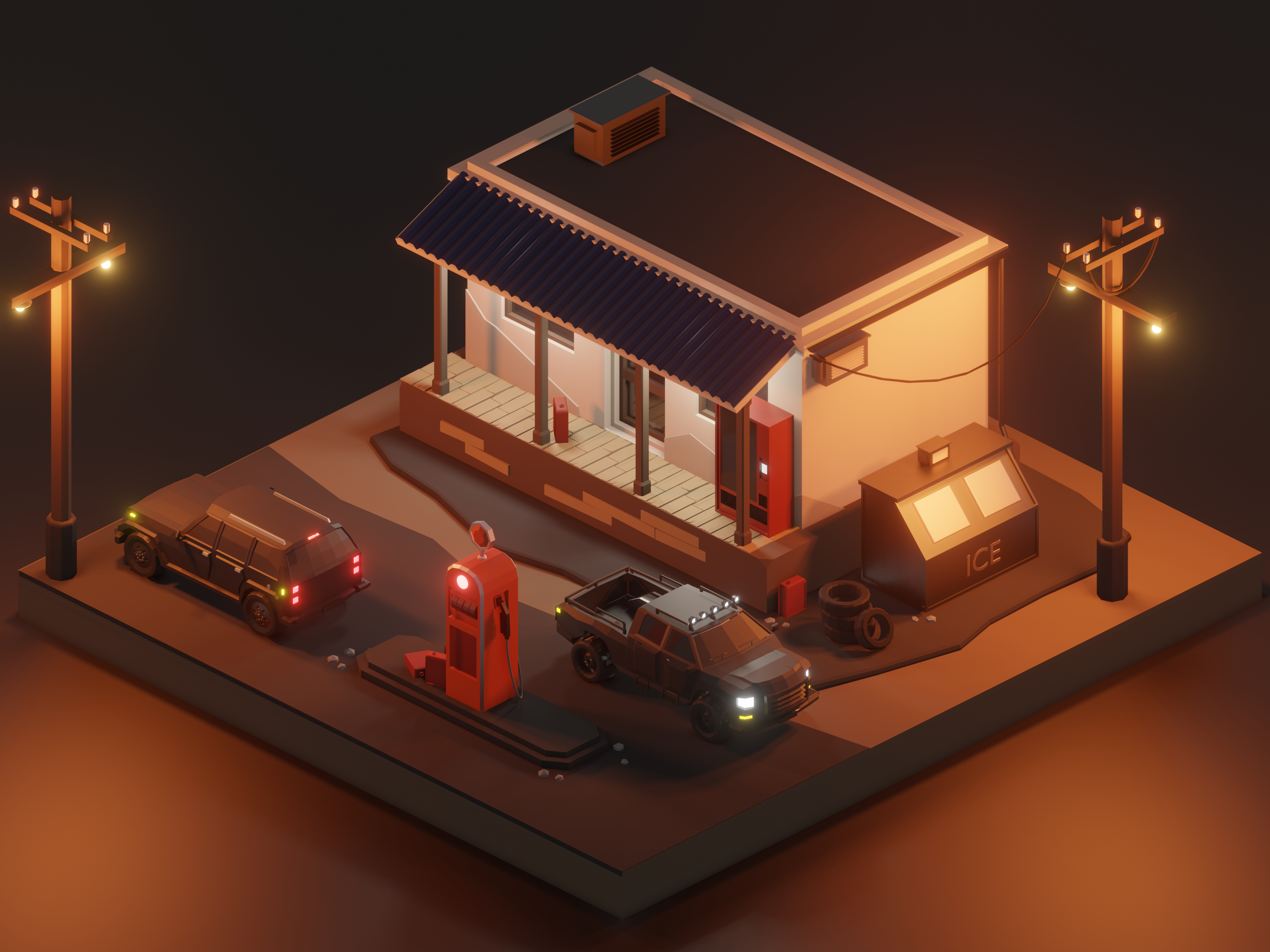 Example of Low Poly Gas Station [NIGHT]