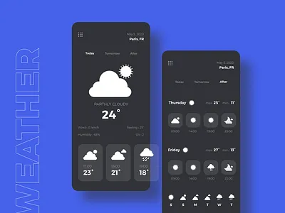 Daily UI #37 - Weather app clear design cloudy dailyui dailyui 037 dailyuichallenge darkmode darkui icons interaction mobile app mobile design mobile ui rainy sunny uidesign weather weather app weather icon