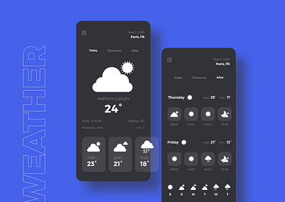 Daily UI #37 - Weather app clear design cloudy dailyui dailyui 037 dailyuichallenge darkmode darkui icons interaction mobile app mobile design mobile ui rainy sunny uidesign weather weather app weather icon