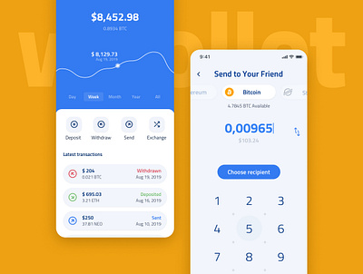 Whollet - Free UI Kit Crypto Wallet amount balance bitcoin blockchain clean crypto dashboad finance graph login menu mobile app money transaction ui kit wallet