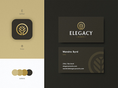 Elegacy Events - Business Card Design brand brand identity branding business card design gold grid layout identity designer lettermark logo logo design logomark logotype logotype designer luxury brand negative space serif typeface smart mark tree typography