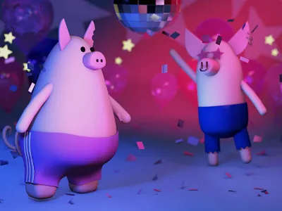 Party Pigs 3d 3d art balloons c4d character character design cinema4d confetti disco fun illustration neon party pig stars vibrant
