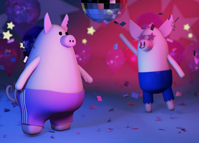 Party Pigs 3d 3d art balloons c4d character character design cinema4d confetti disco fun illustration neon party pig stars vibrant