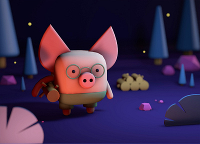 Lumberjack Pig 3d 3d art c4d character character design cinema4d fun illustration night pig trees vibrant woods