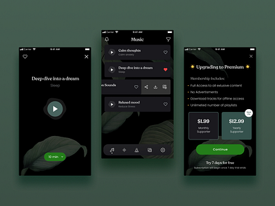 Meditation App | IOS calm dark darkmode flora illustration ios iosapp meditation minimal mobile ui paywall player playlist premium sansserif serif subscription uiux