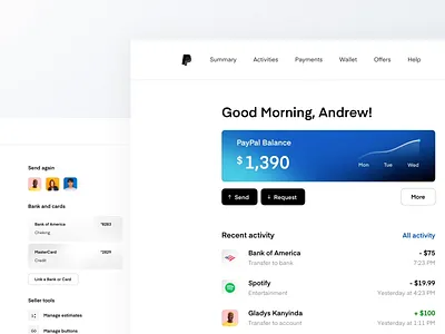 PayPal Dashboard Concept balance bank account banking concept dashboard finance fintech mobile banking money money sending money transfer online bank payment paypal redesign transactions ui ux web app