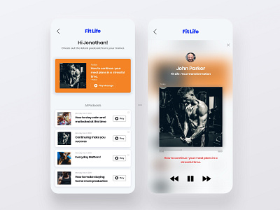 Trainer Podcast Integration - Fitness App advice chat clean design fitness interaction minimal mobile mobile app mobile ui music app musicplayer personal personal coach podcast trainer ui ux workout app