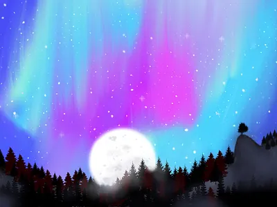 Aurora and moon aura aurora aurora borealis design design art illustration moon pine trees
